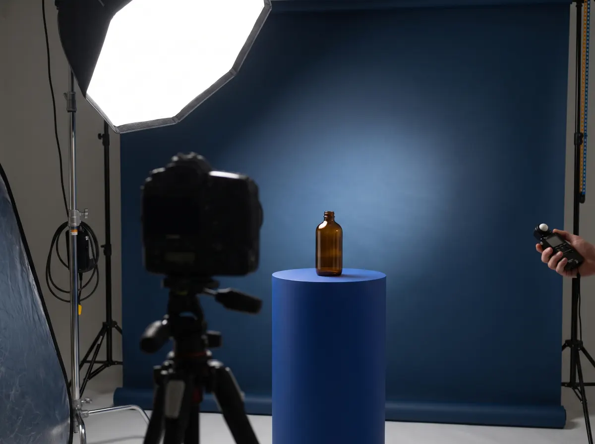 Studio product shoot of a skincare bottle lit by a softbox